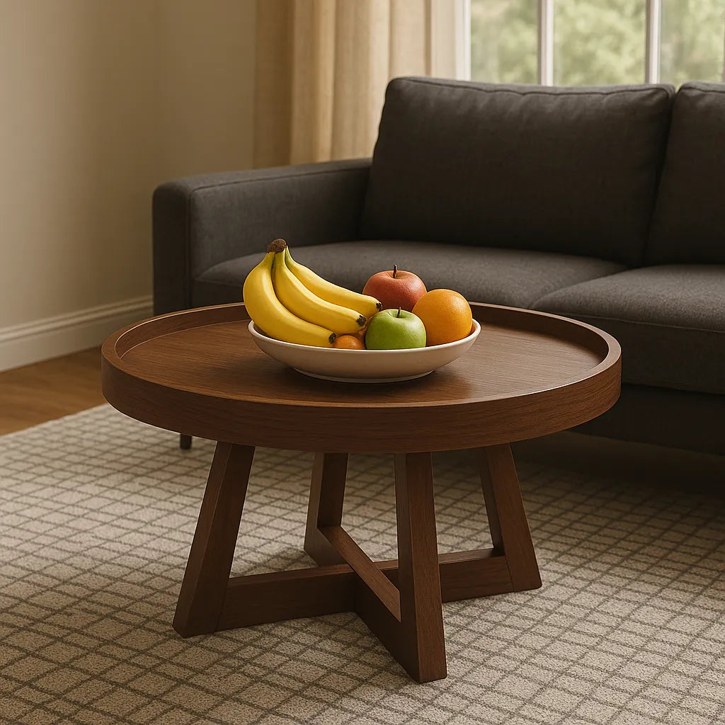 Round Walnut Coffee Table With Raised Edge And Geometric Base