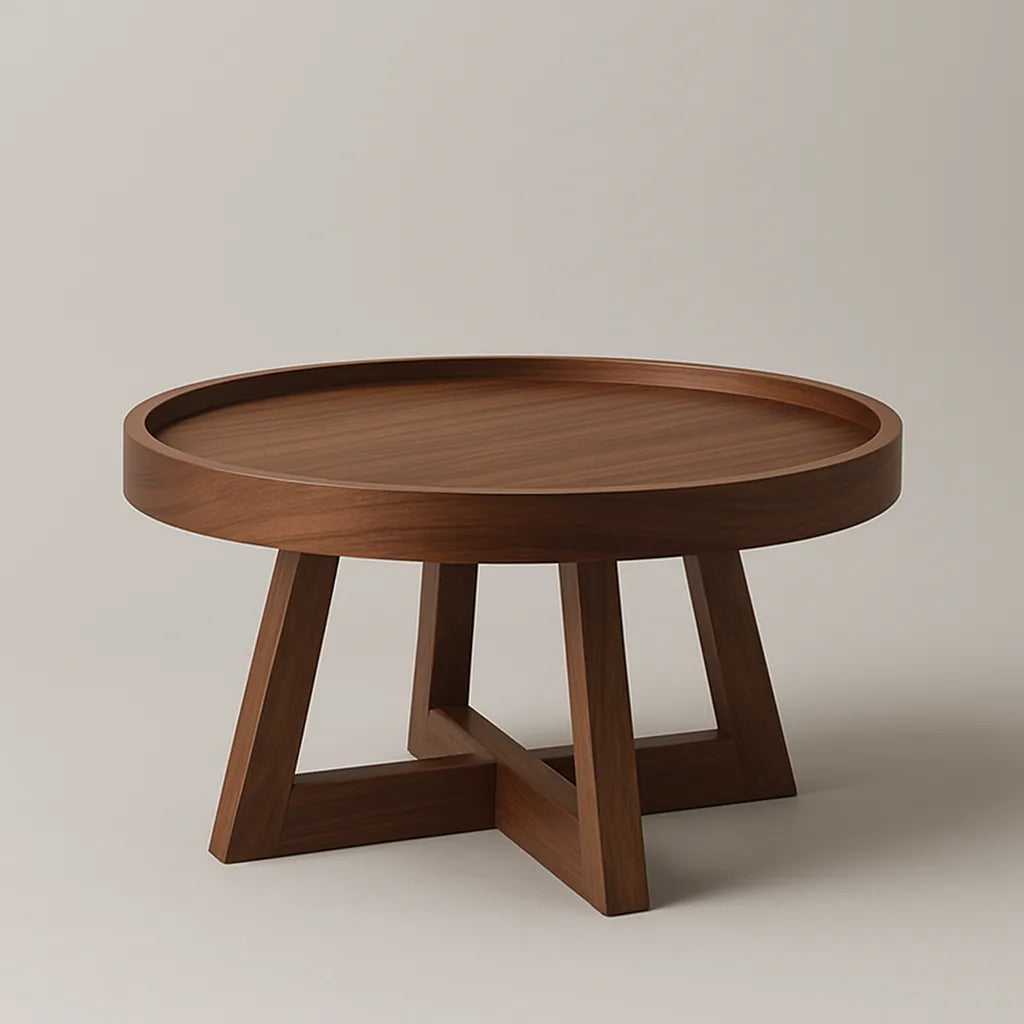 Round Walnut Coffee Table With Raised Edge And Geometric Base