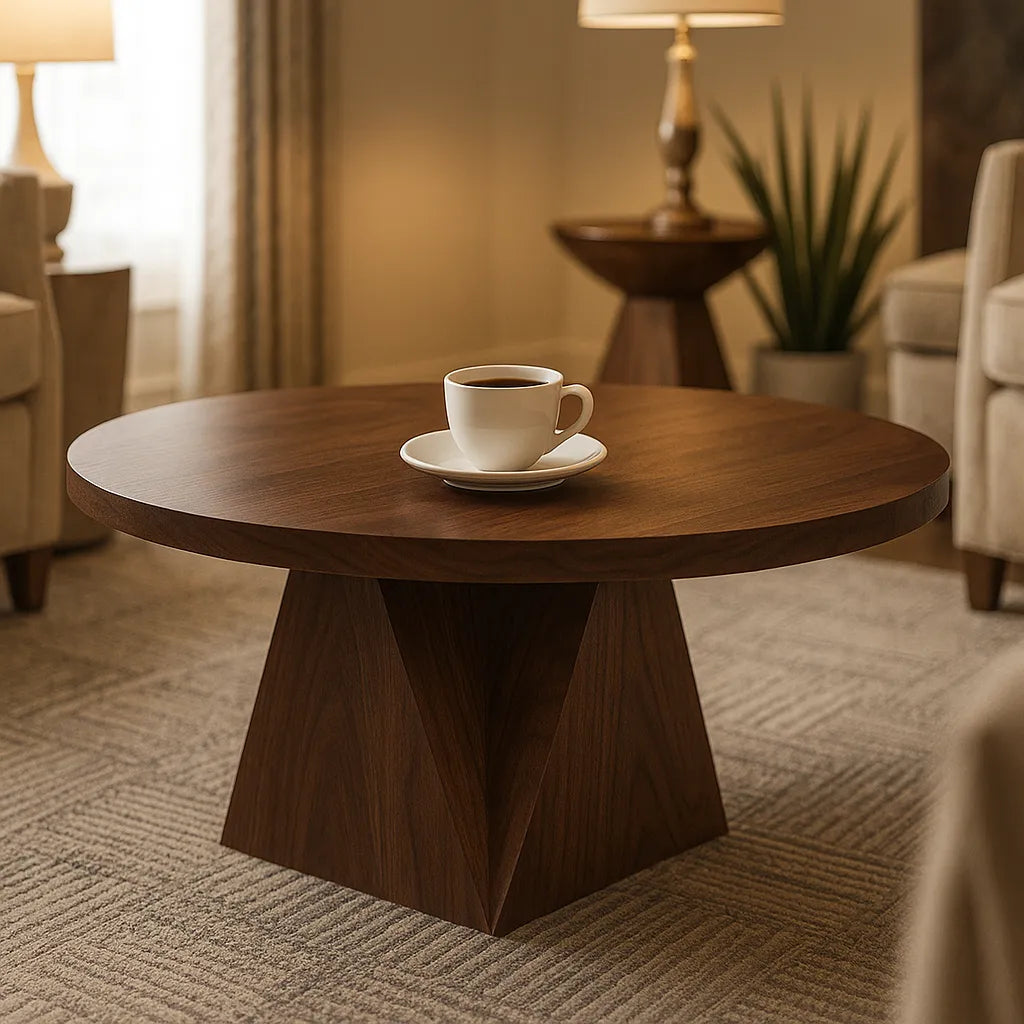 Round Walnut Coffee Table With Sculptural Pedestal Base