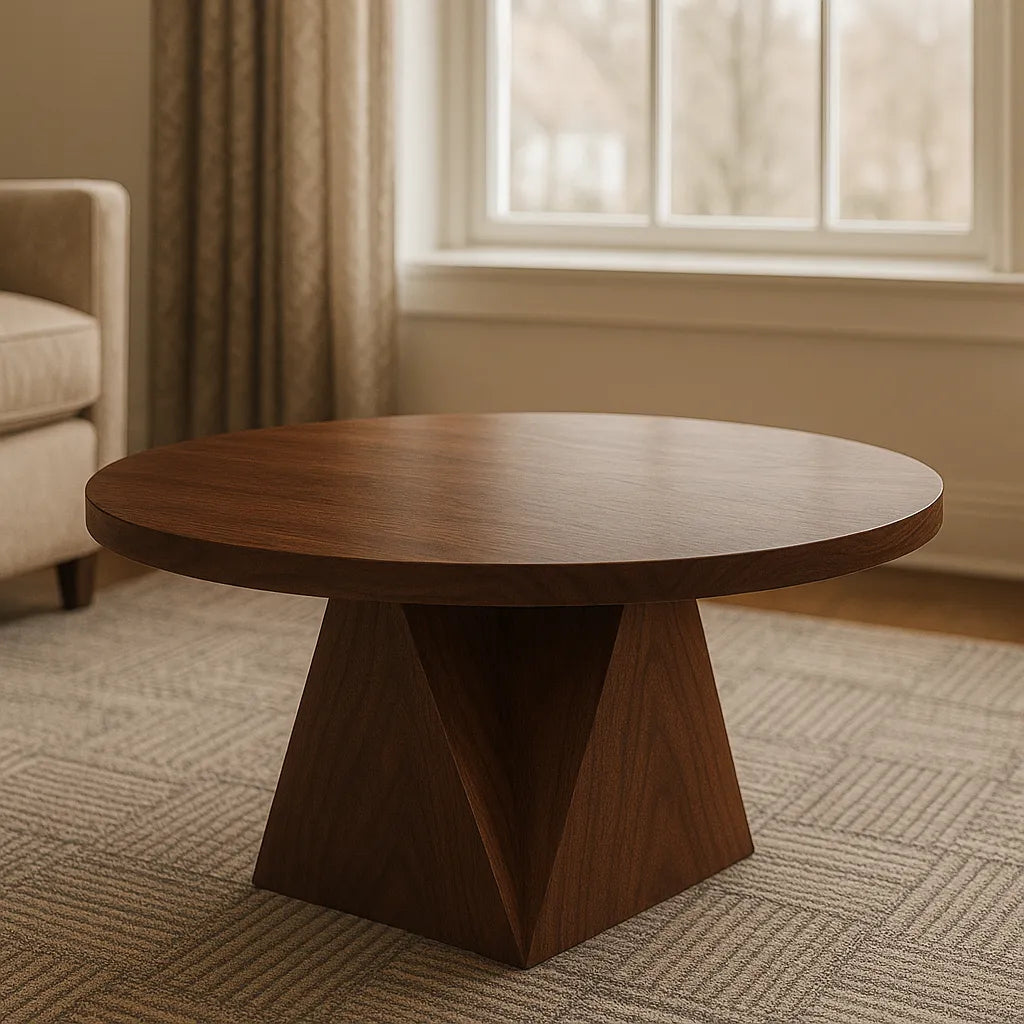 Round Walnut Coffee Table With Sculptural Pedestal Base