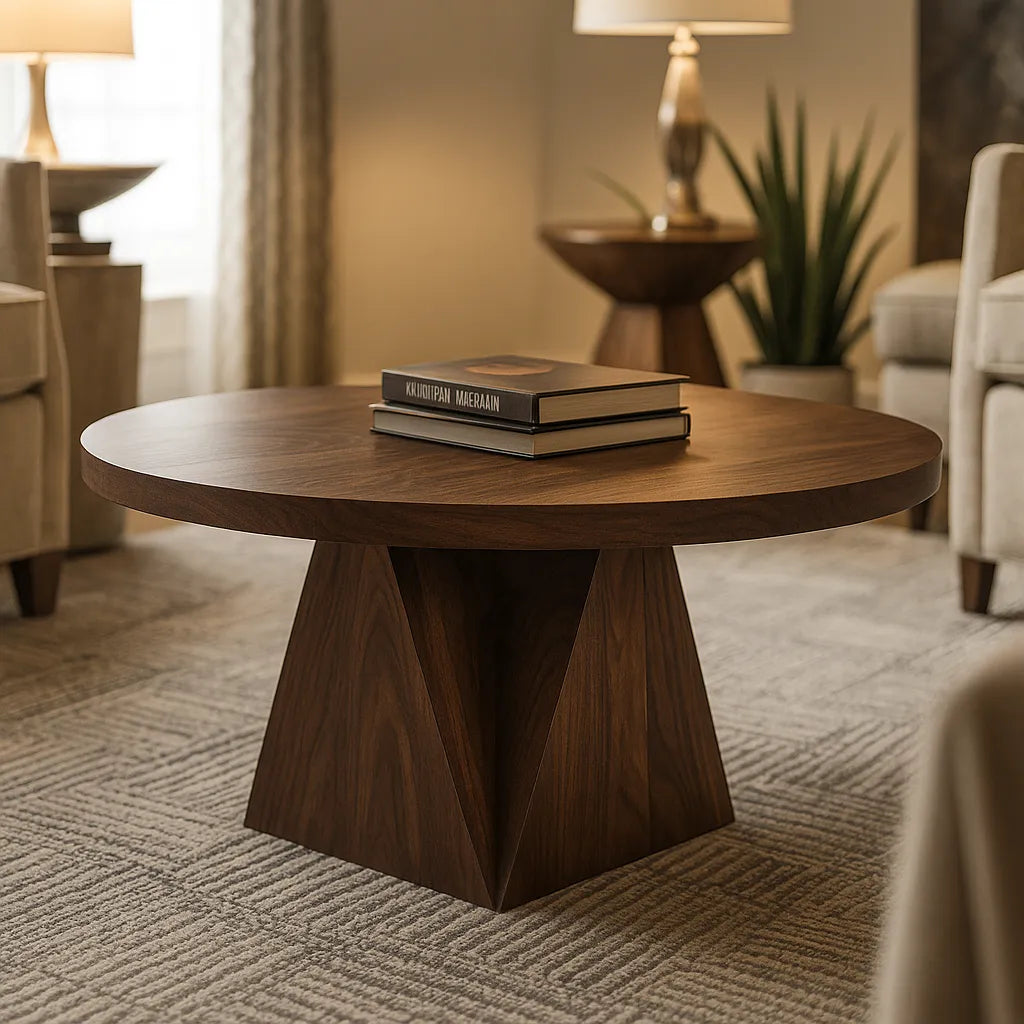 Round Walnut Coffee Table With Sculptural Pedestal Base