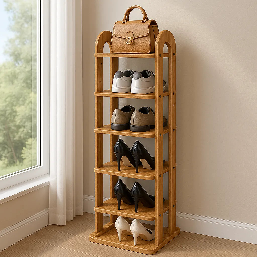 Tall Oak Shoe Shelf With Rounded Corners And Six Tiers