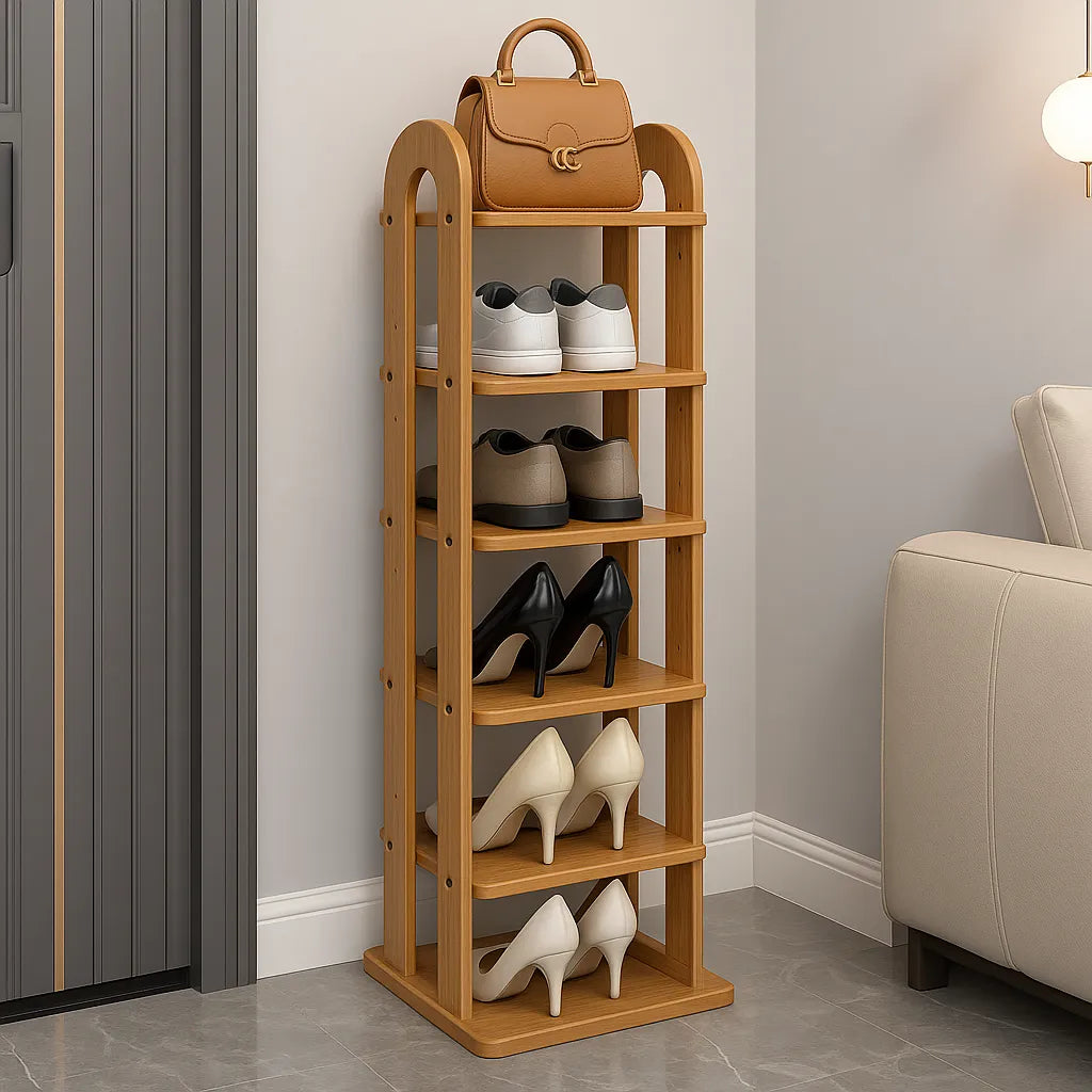 Tall Oak Shoe Shelf With Rounded Corners And Six Tiers