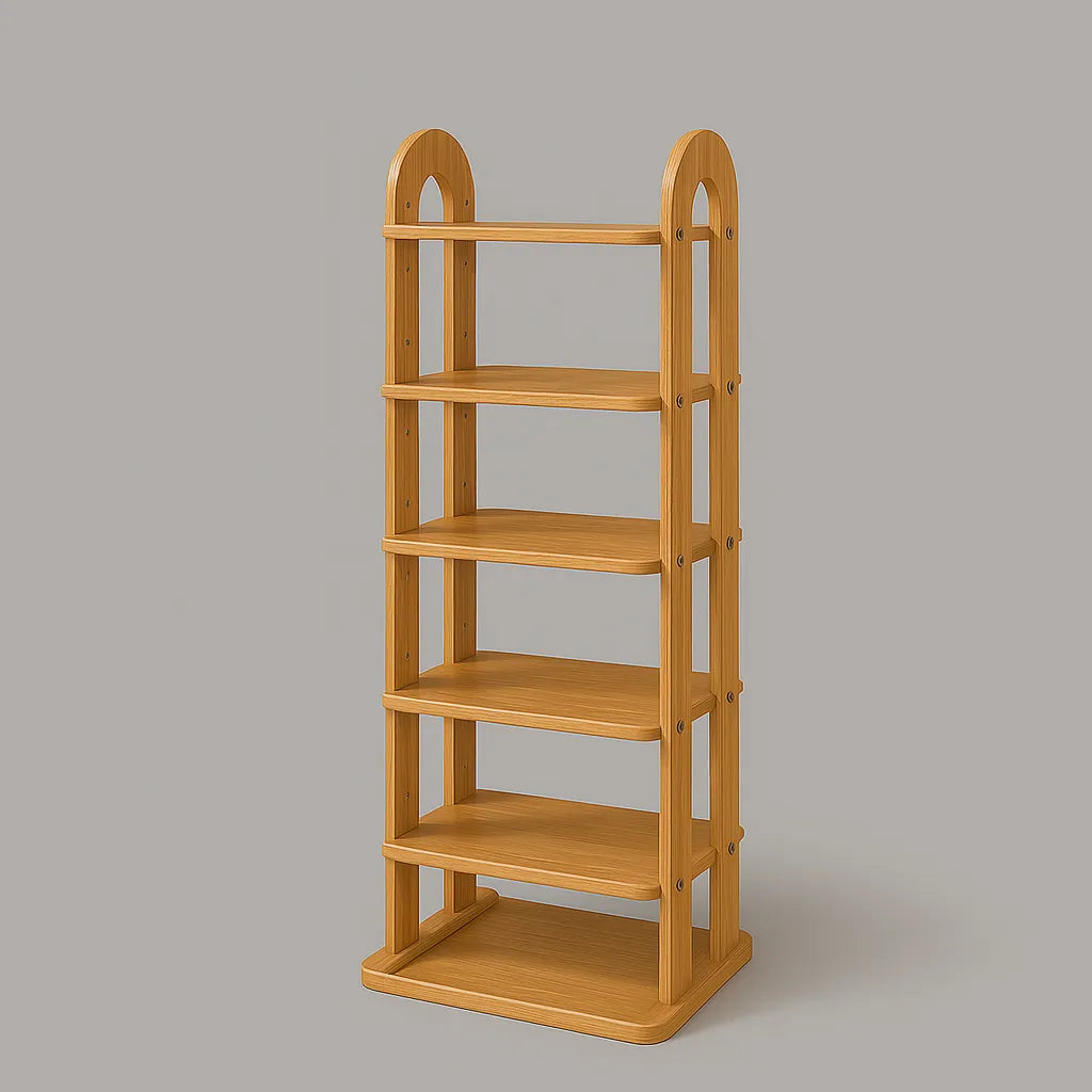 Tall Oak Shoe Shelf With Rounded Corners And Six Tiers