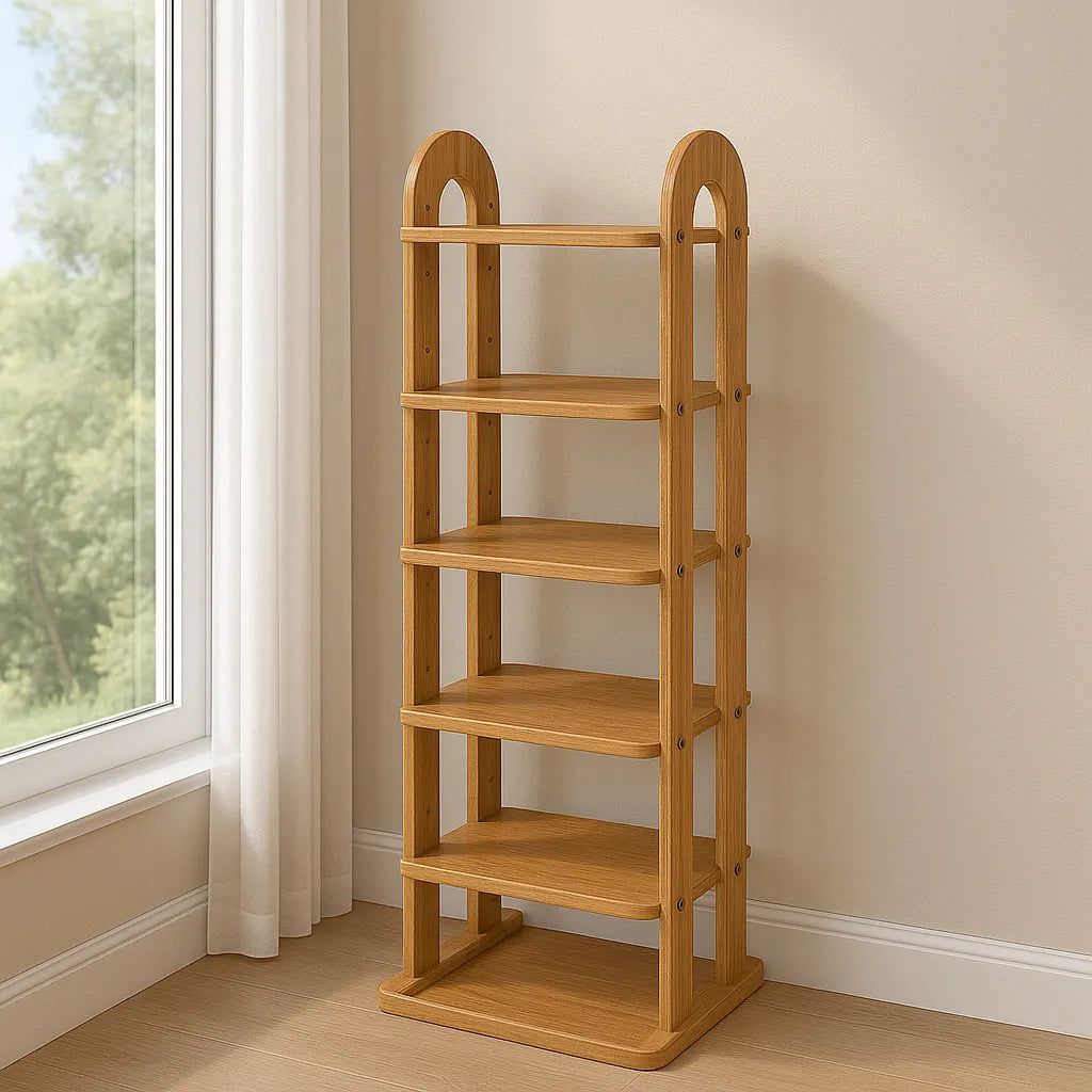 Tall Oak Shoe Shelf With Rounded Corners And Six Tiers
