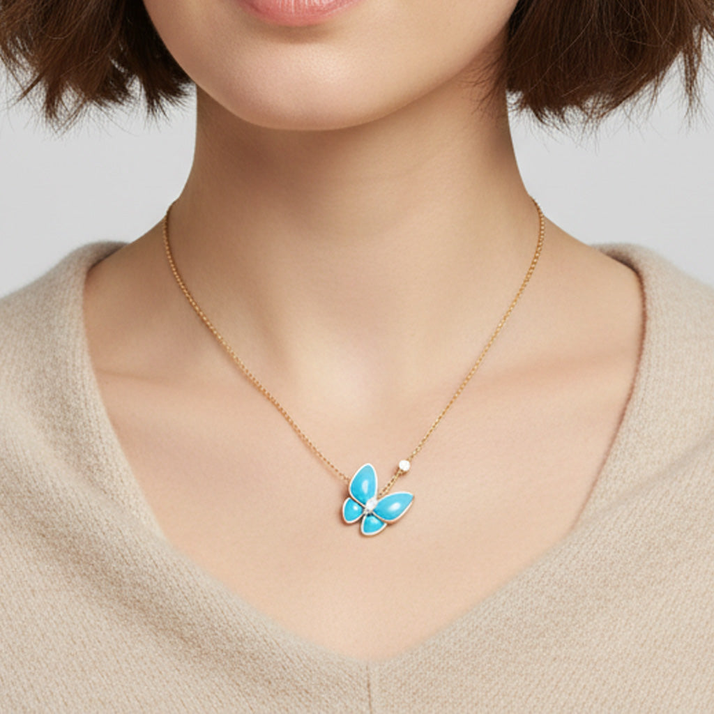 Two Butterfly Pendant With Diamond & Turquoise Necklace
