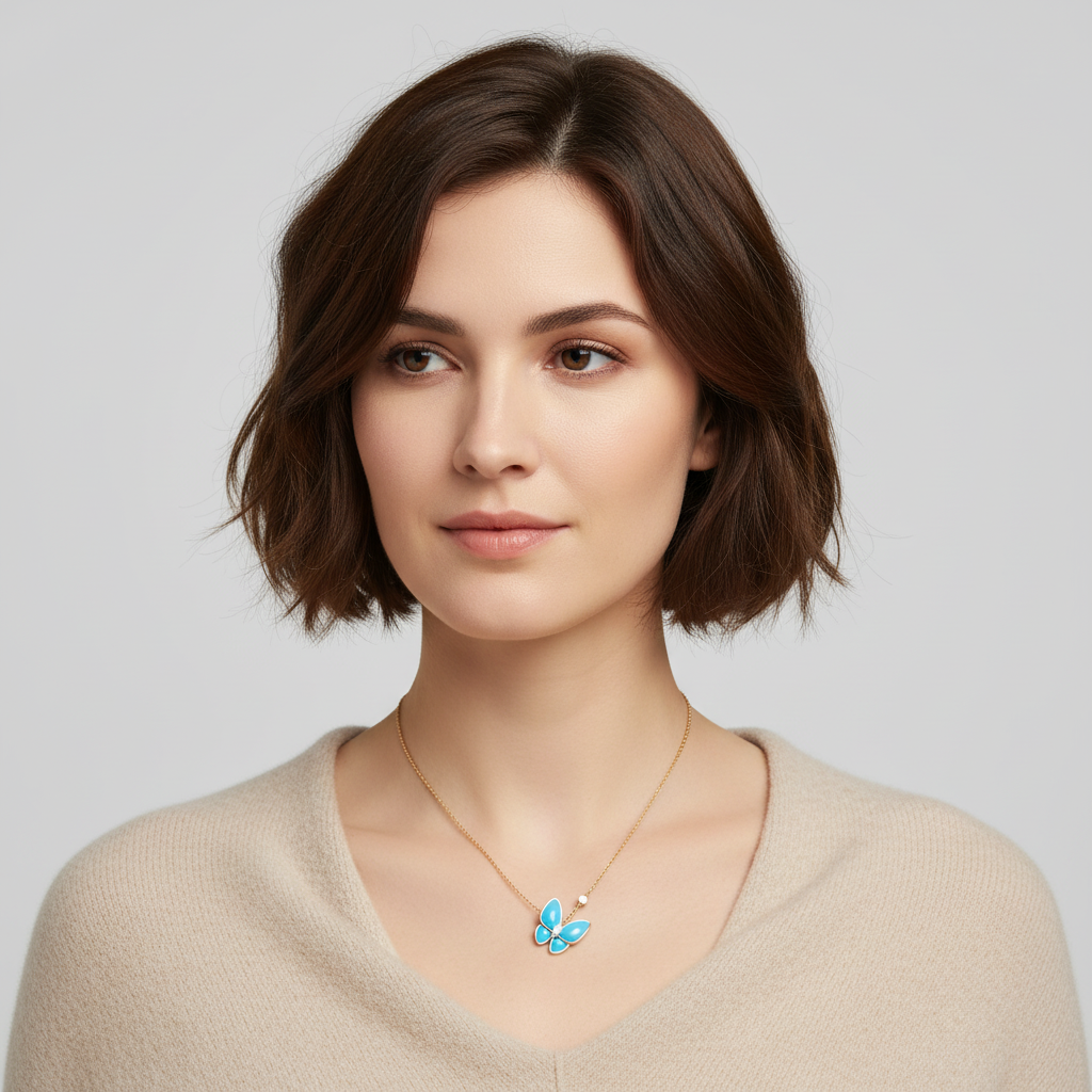 Two Butterfly Pendant With Diamond & Turquoise Necklace