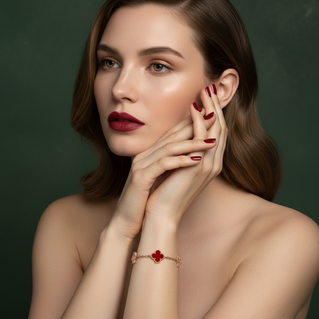 Vintage Alhambra Five Motifs Carnelian Clover Bracelet