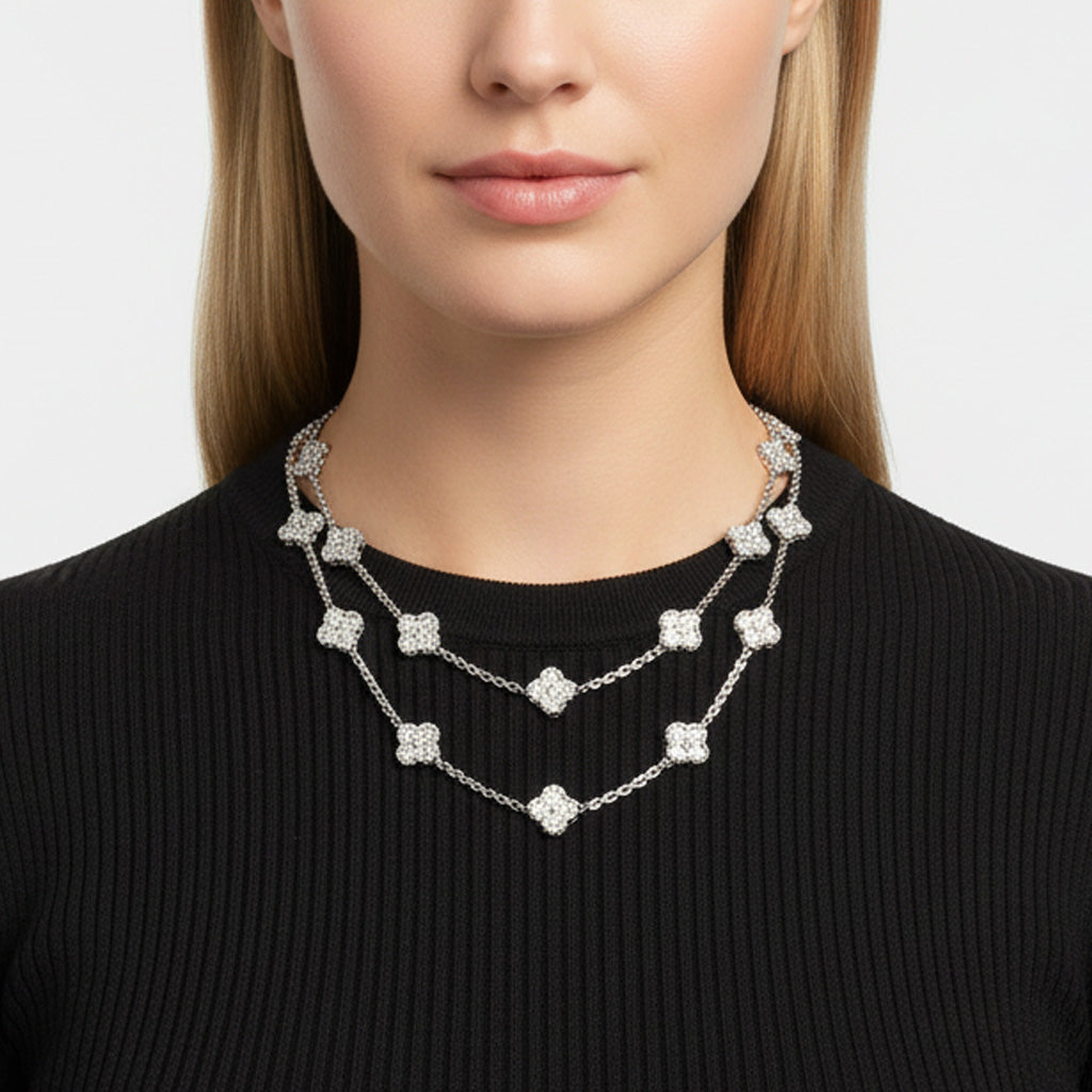 Vintage Alhambra White Gold Diamond 20 Motifs Long Necklace