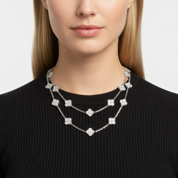 Vintage Alhambra White Gold Diamond 20 Motifs Long Necklace