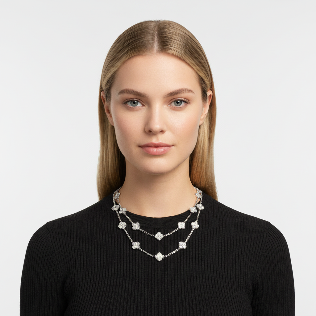 Vintage Alhambra White Gold Diamond 20 Motifs Long Necklace