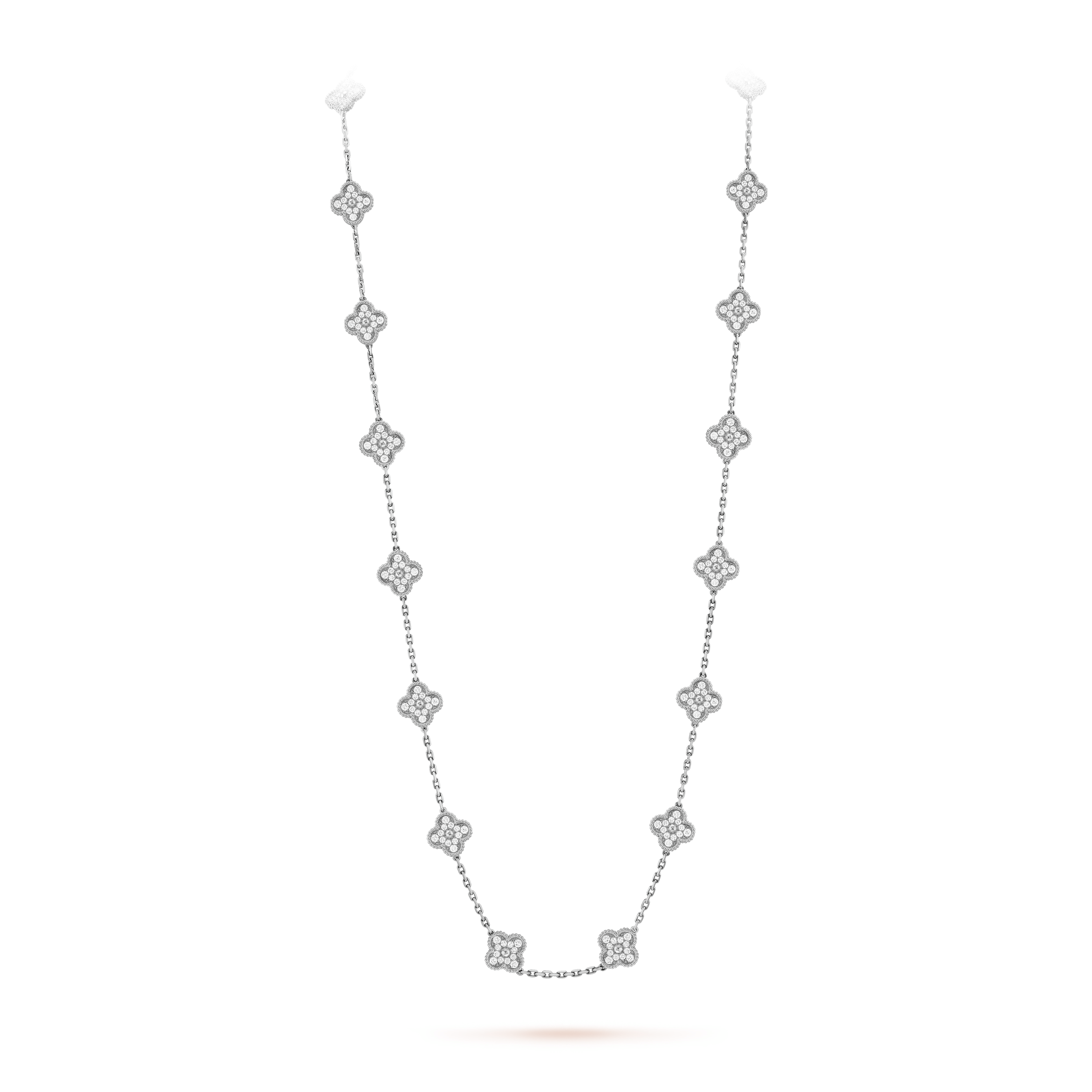 Vintage Alhambra White Gold Diamond 20 Motifs Long Necklace