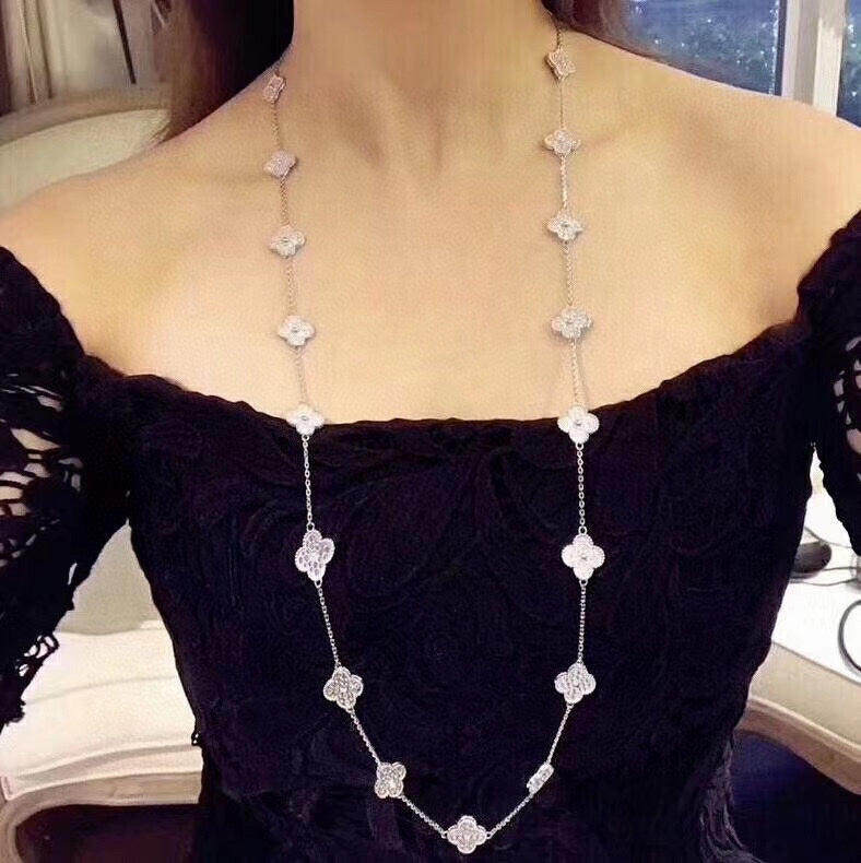 Vintage Alhambra White Gold Diamond 20 Motifs Long Necklace