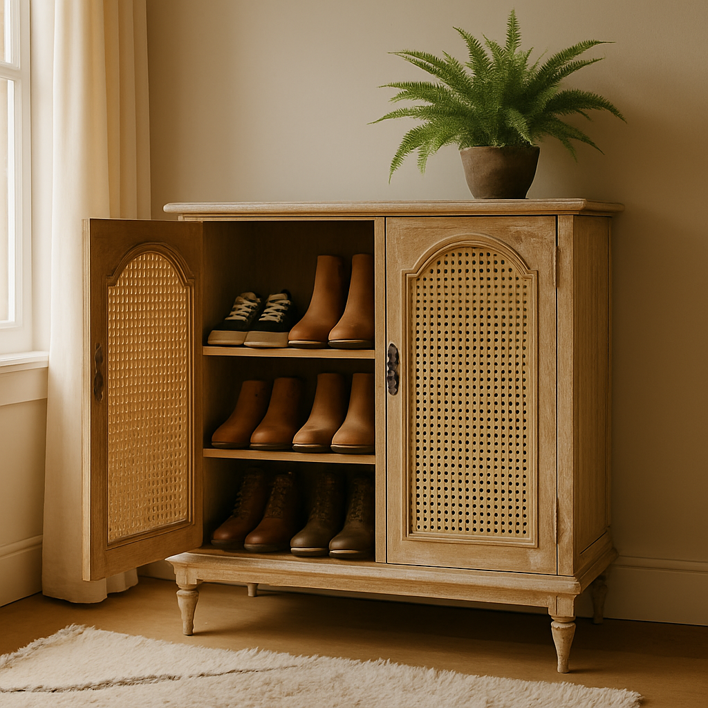 Vintage Shoe Cabinet Cane Door Design With Elegant Storage Space