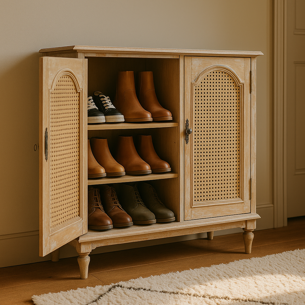 Vintage Shoe Cabinet Cane Door Design With Elegant Storage Space
