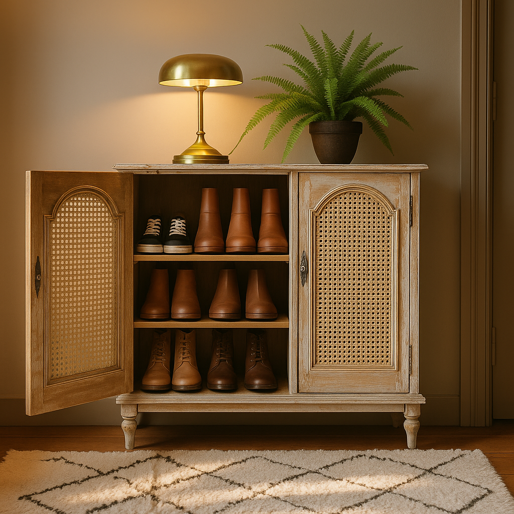Vintage Shoe Cabinet Cane Door Design With Elegant Storage Space