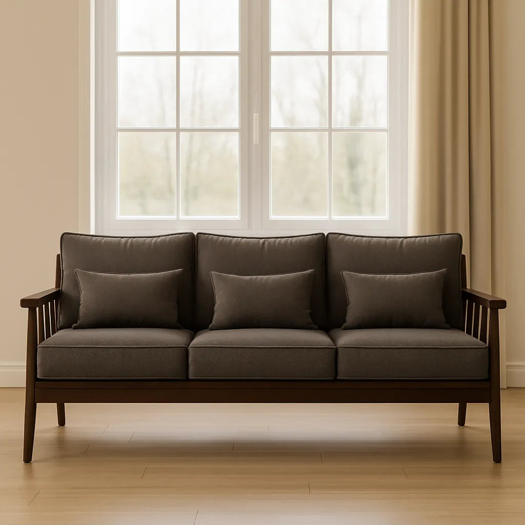 Walnut Wooden Sofa With Cushioned Seat And Slatted Armrest Design