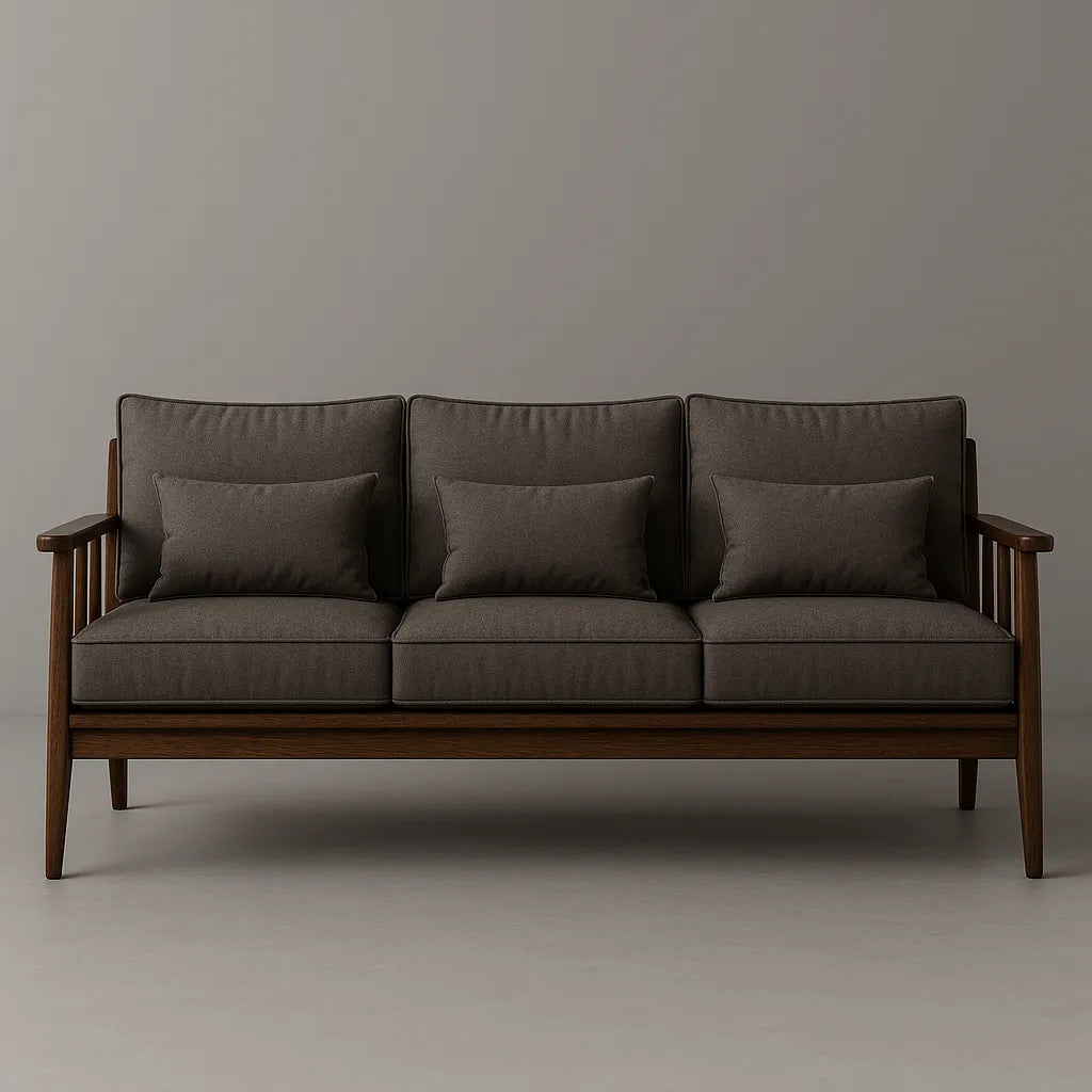 Walnut Wooden Sofa With Cushioned Seat And Slatted Armrest Design