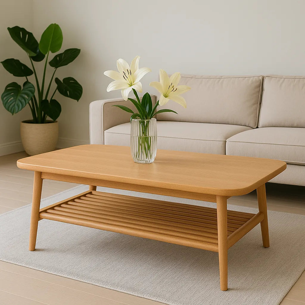 Wooden Coffee Table Open Shelf Slim Design For Modern Space