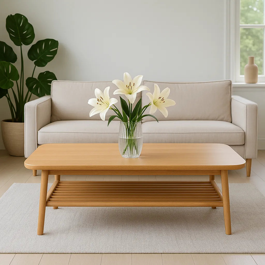 Wooden Coffee Table Open Shelf Slim Design For Modern Space