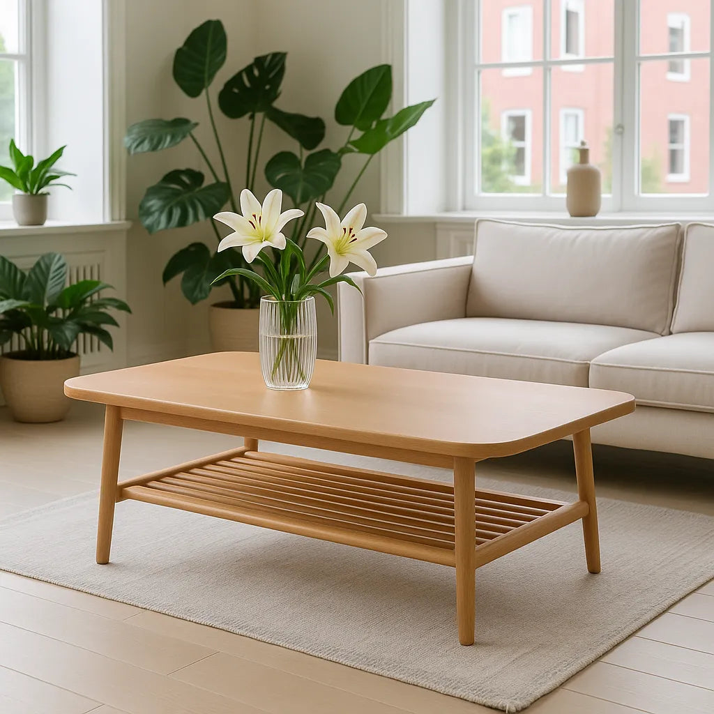 Wooden Coffee Table Open Shelf Slim Design For Modern Space