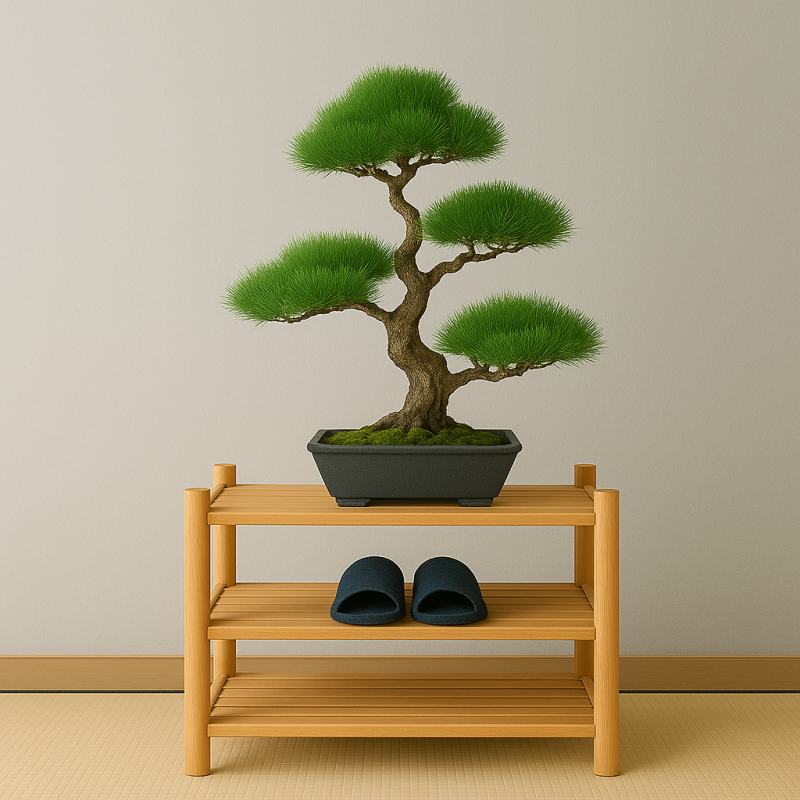 Natural Wood Shoe Rack Three Tier Shelf With Bonsai Display Space