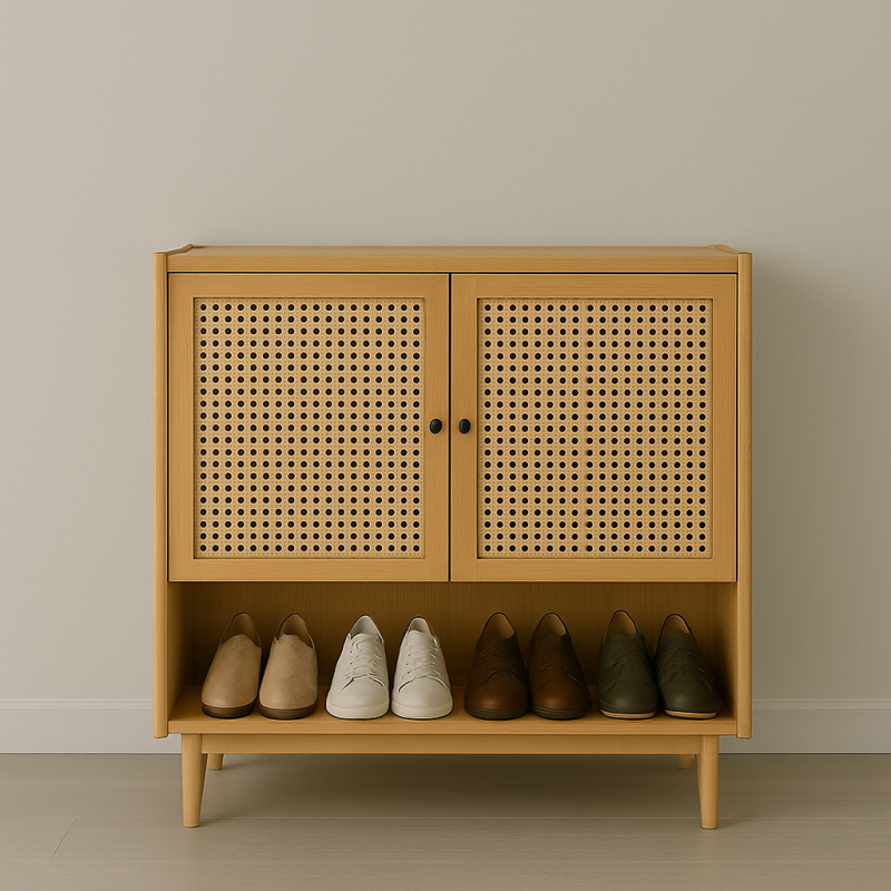 Rattan Door Shoe Cabinet Dual Storage With Open Base Shelf
