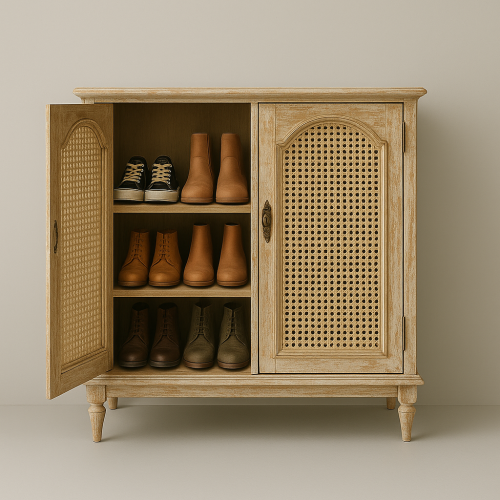 Vintage Shoe Cabinet Cane Door Design With Elegant Storage Space
