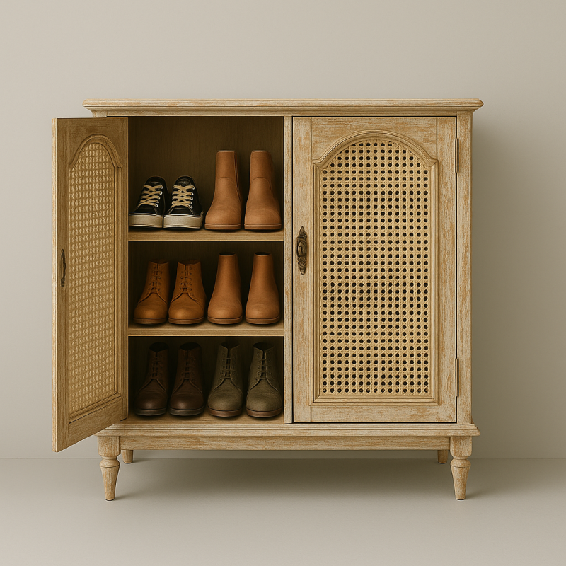Vintage Shoe Cabinet Cane Door Design With Elegant Storage Space