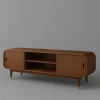 Dark Brown TV Shelf With Sliding Doors And Rounded Corners