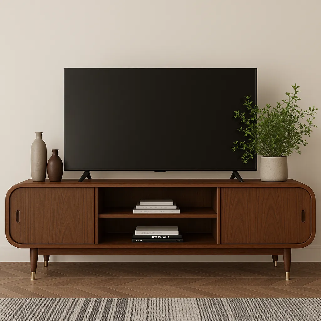 Dark Brown TV Shelf With Sliding Doors And Rounded Corners