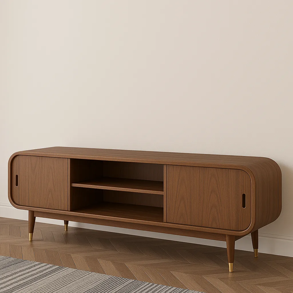 Dark Brown TV Shelf With Sliding Doors And Rounded Corners