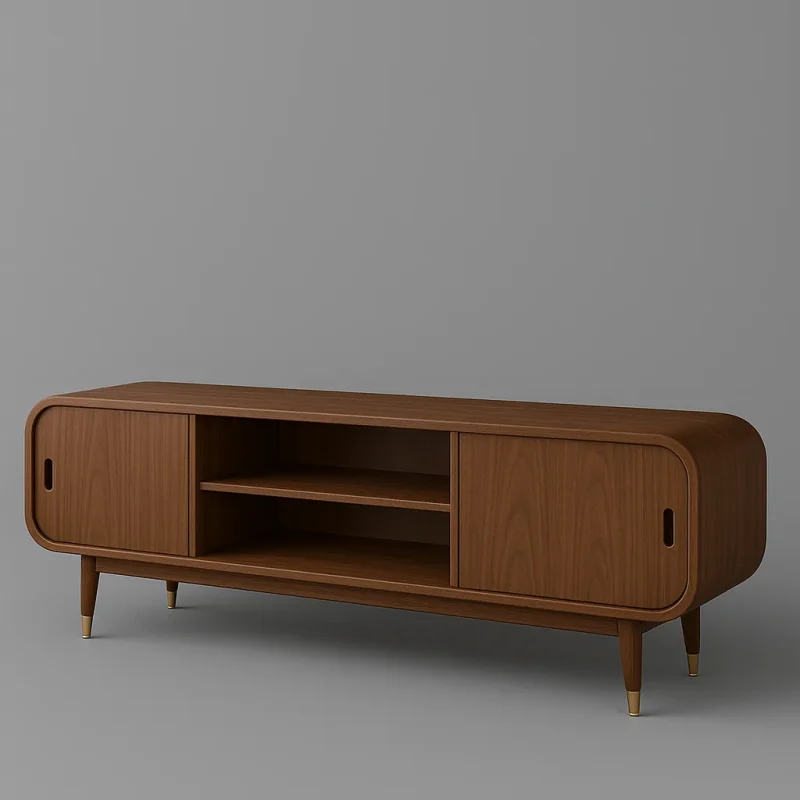 Dark Brown TV Shelf With Sliding Doors And Rounded Corners