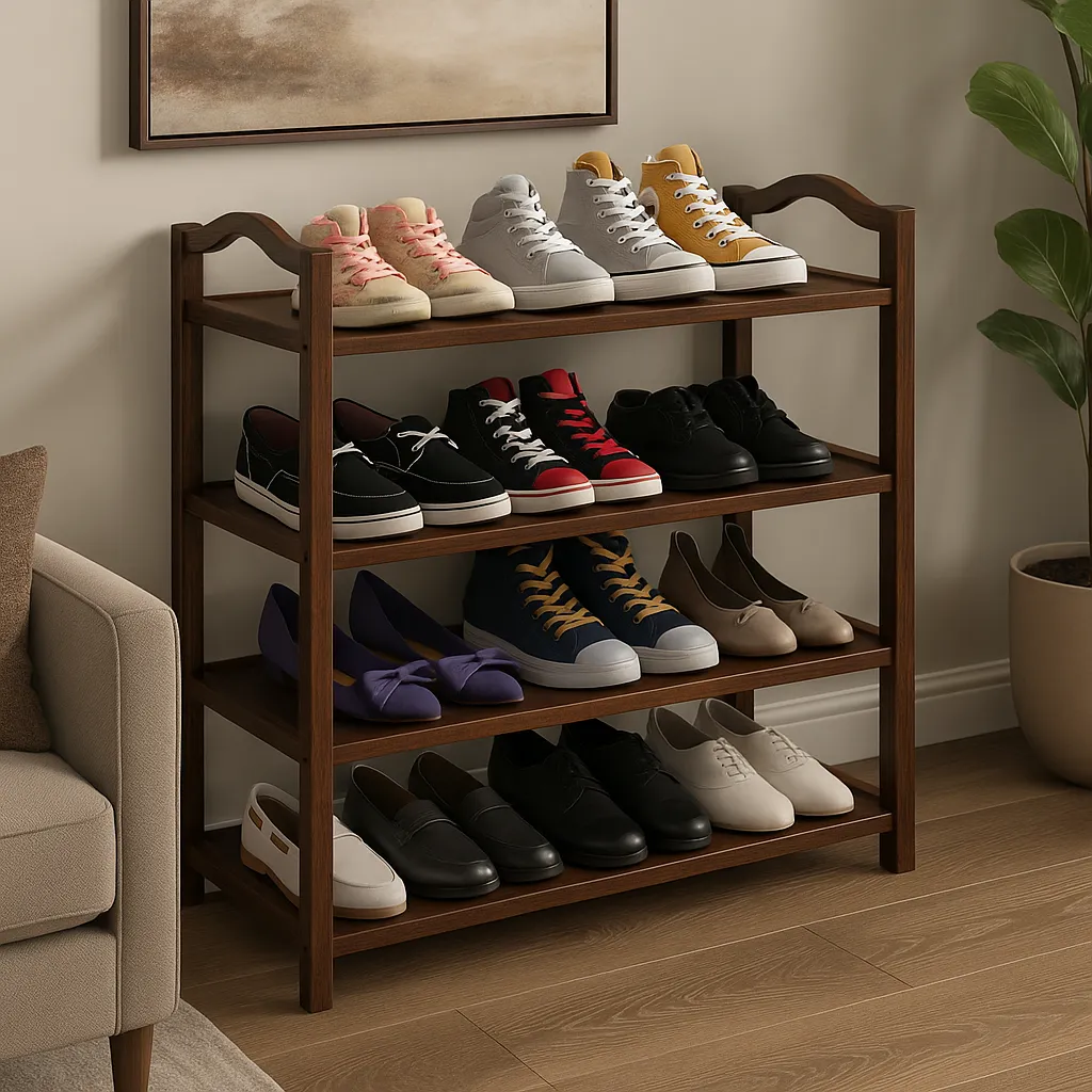 Four Tier Wooden Shelf Rack With Side Frame Walnut Finish