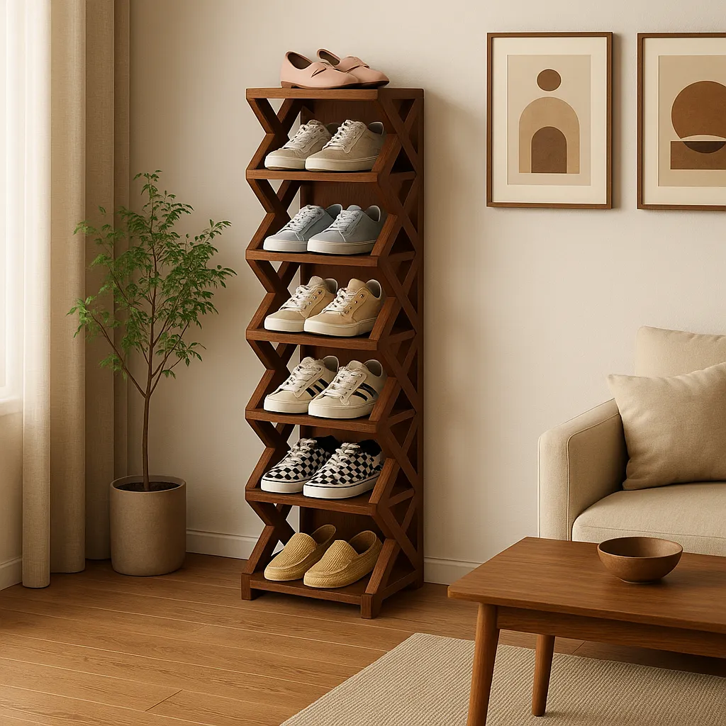 Six Tier Wooden Shoe Rack With Geometric Side Design Brown