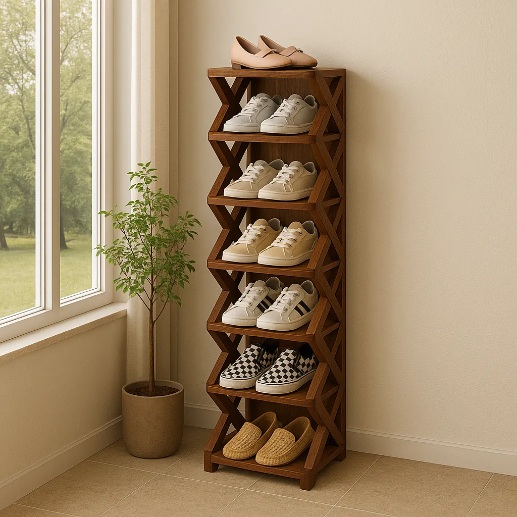 Six Tier Wooden Shoe Rack With Geometric Side Design Brown