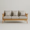 Natural Wooden Sofa With Cushioned Seat And Vertical Slatted Armrests