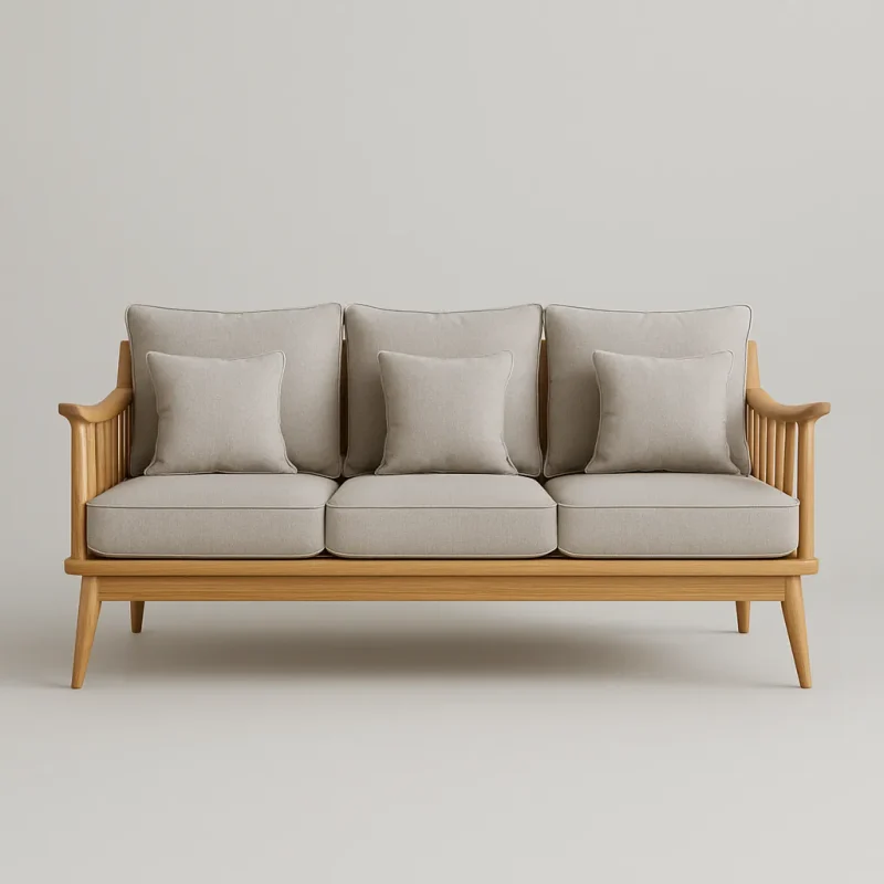 Natural Wooden Sofa With Cushioned Seat And Vertical Slatted Armrests