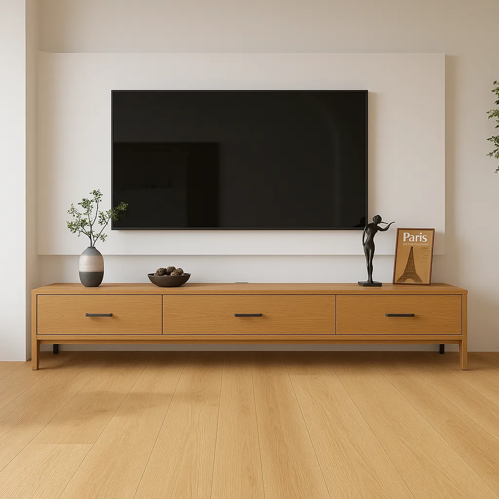 Oak TV Shelf With Three Drawers And Black Metal Handles