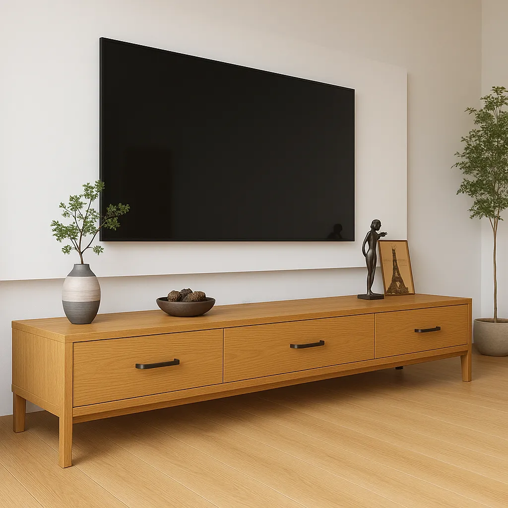 Oak TV Shelf With Three Drawers And Black Metal Handles