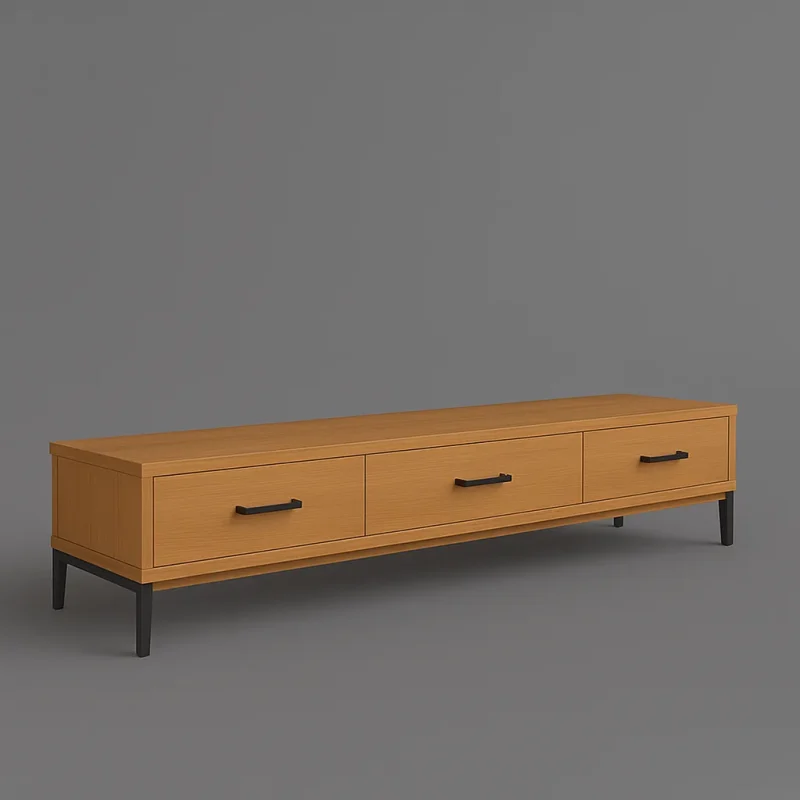 Oak TV Shelf With Three Drawers And Black Metal Handles