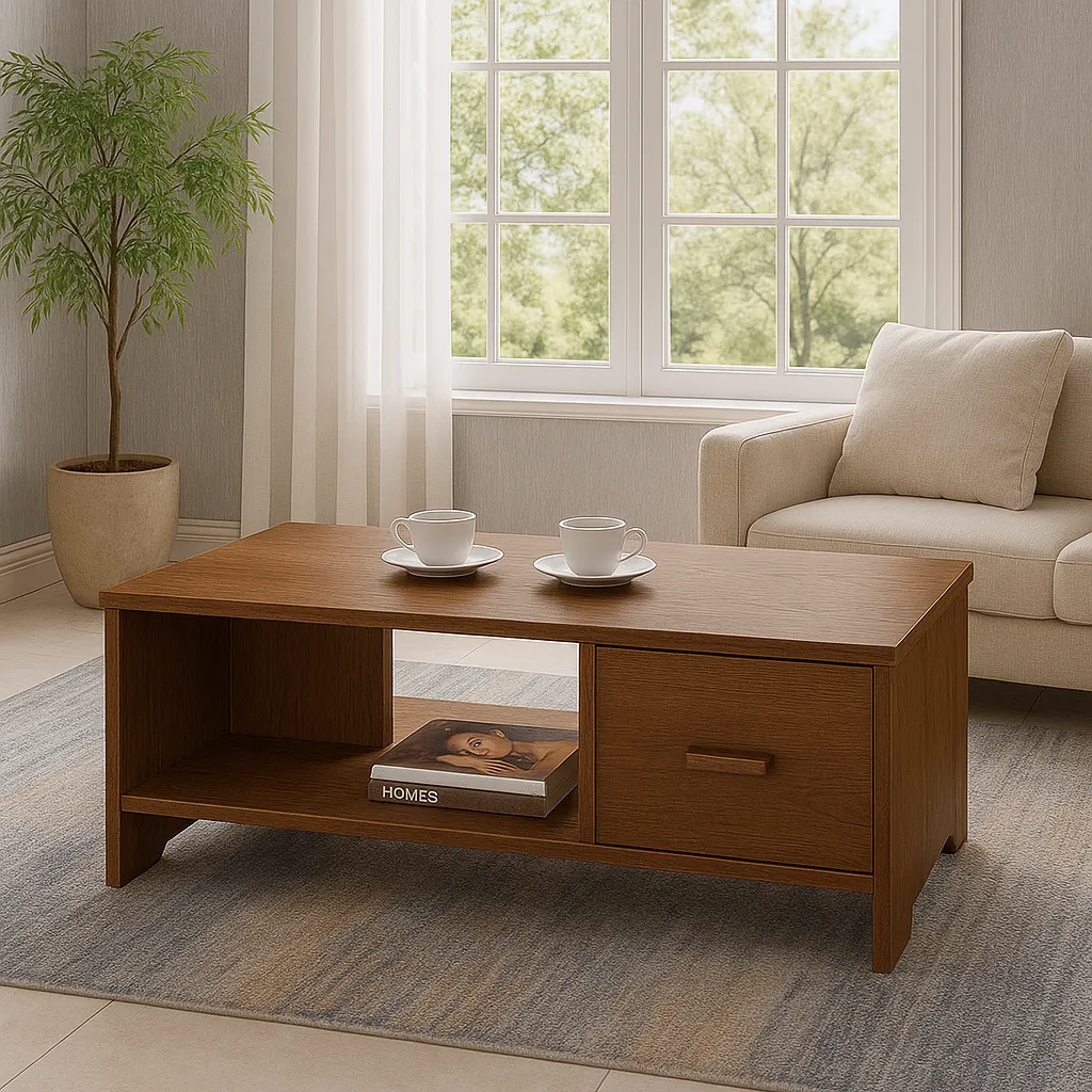 Rectangular Brown Coffee Table With Drawer And Open Shelf Storage