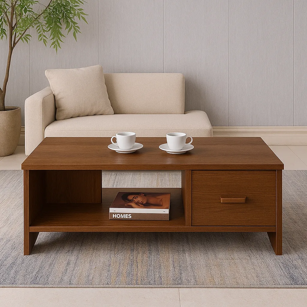 Rectangular Brown Coffee Table With Drawer And Open Shelf Storage