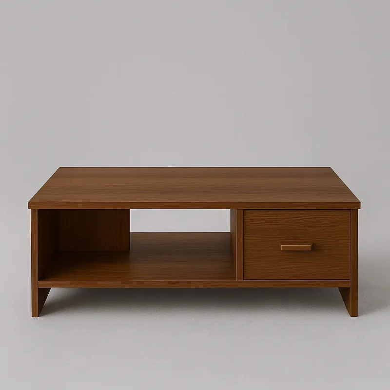 Rectangular Brown Coffee Table With Drawer And Open Shelf Storage