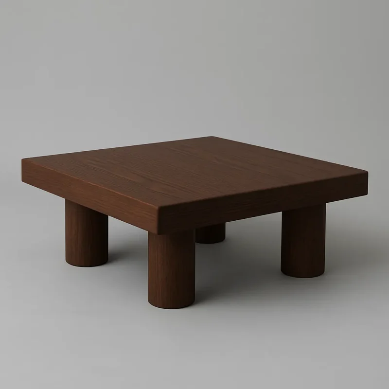 Walnut Square Coffee Table With Bold Round Legs And Smooth Wood Surface