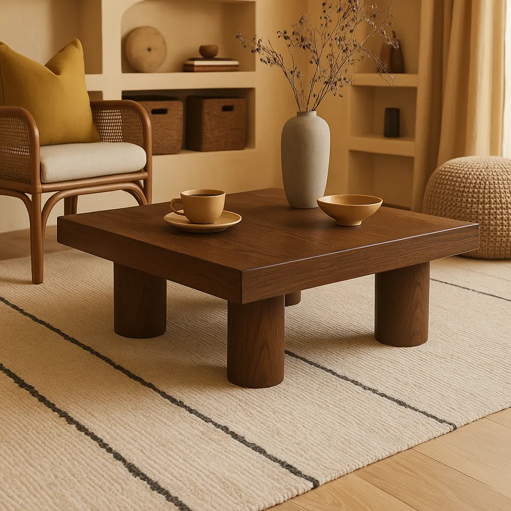 Walnut Square Coffee Table With Bold Round Legs And Smooth Wood Surface