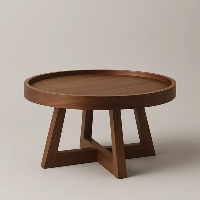 Round Walnut Coffee Table With Raised Edge And Geometric Base