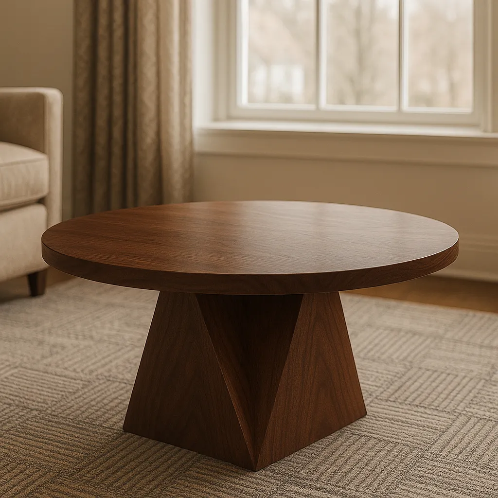 Round Walnut Coffee Table With Sculptural Pedestal Base