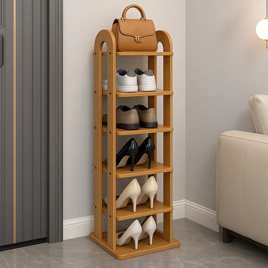 Tall Oak Shoe Shelf With Rounded Corners And Six Tiers