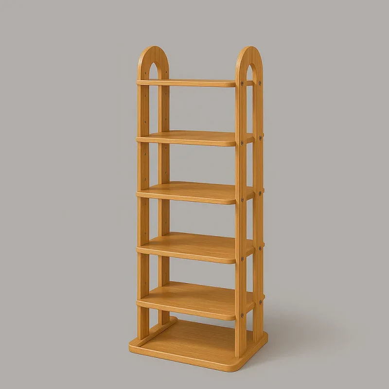 Tall Oak Shoe Shelf With Rounded Corners And Six Tiers